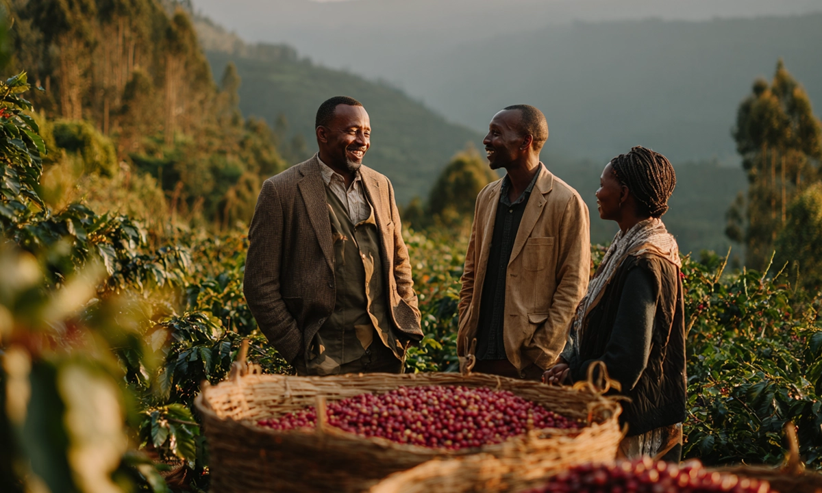 Coffee cherries being harvested and processed