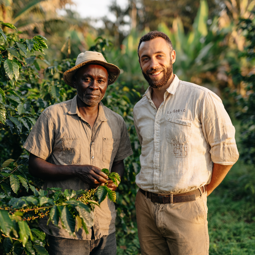 Coffee farmer and buyer inspecting coffee plants together